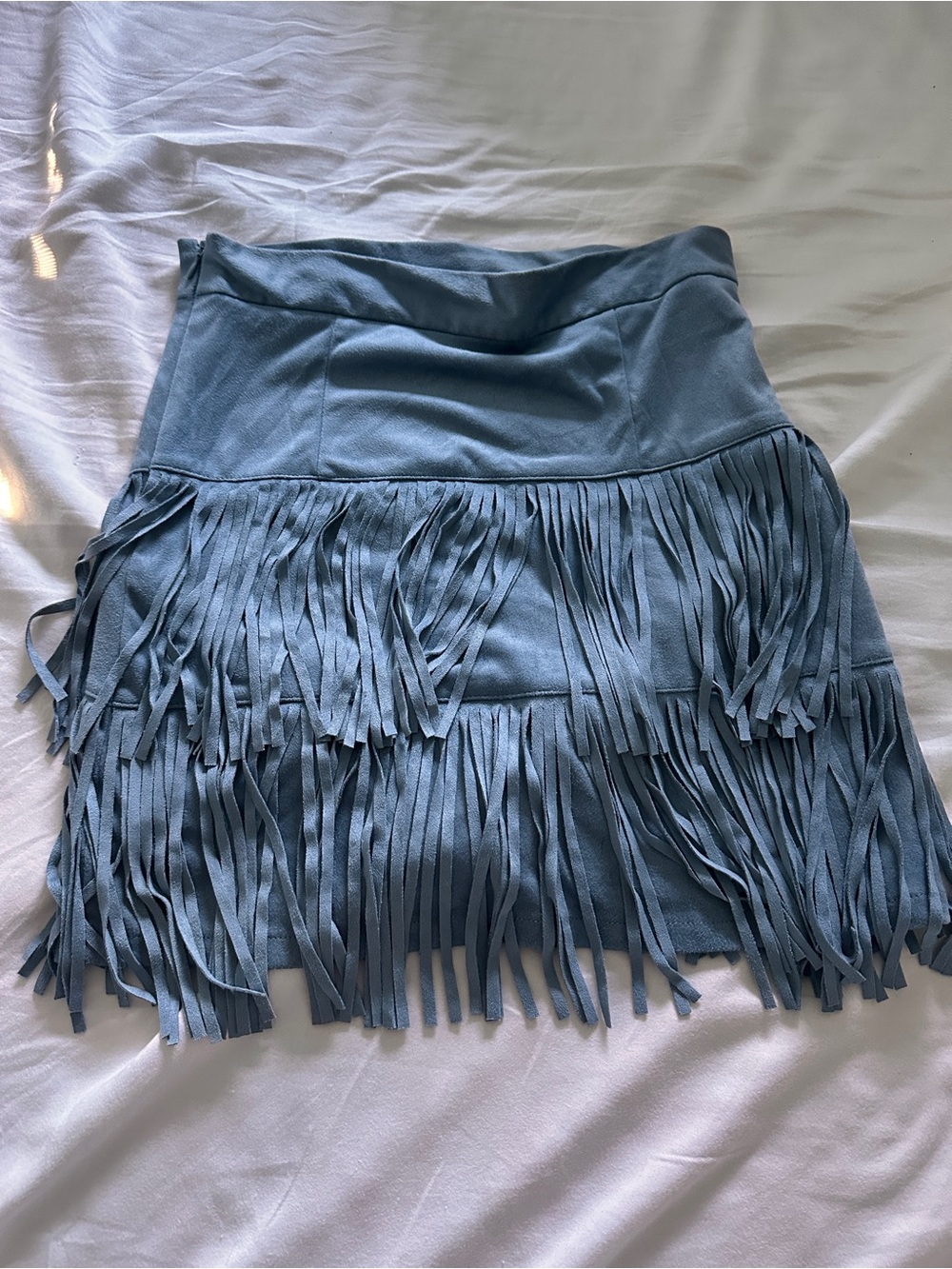 Altar'd State Dusty Blue Fringe Mini Skirt - Picture 2 of 4